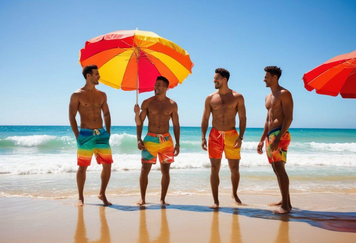 A vibrant beach scene showcasing a group of diverse men in stylish swimwear, playfully interacting and exuding confidence. The background features a sun-soaked shoreline with colorful beach umbrellas and waves. Some men are engaged in creative poses, representing artistic expression and the fusion of swimwear with male sensuality. Add a studio-like atmosphere with splashes of bold art elements. super-realistic. vibrant colors.